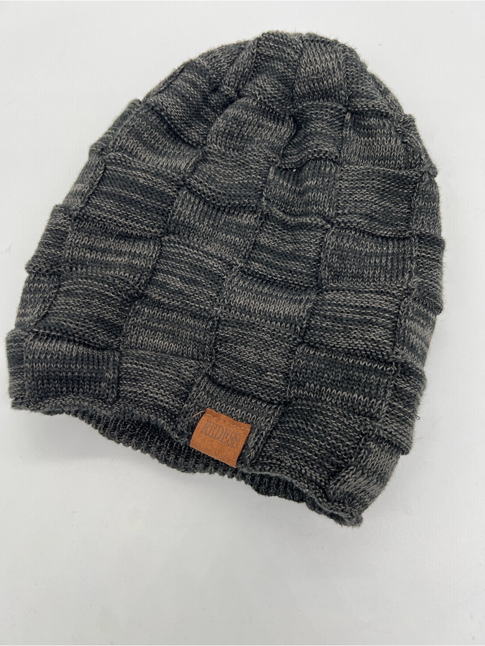 Redess Textured Knit Beanie with Leather Patch - Charcoal Gray